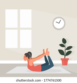Female Yoga in Flat Style. Vector Illustration of Beautiful Cartoon Woman in Dhanurasana Pose of Yoga. Home Sports Concept