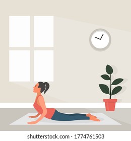 Female Yoga in Flat Style. Vector Illustration of Beautiful Cartoon Woman in Bhujangasana Pose of Yoga. Home Sports Concept