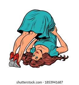 Female yoga. Girl in a dress in a funny pose. pop art retro vector illustration kitsch vintage drawing 50s 60s style