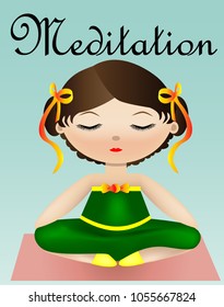 Female yoga. A girl in a green suit is sitting in a lotus pose. illustration of a woman practicing yoga.