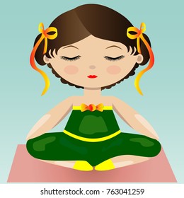 Female yoga. A girl in a green suit is sitting in a lotus pose. Vector illustration of a woman practicing yoga.