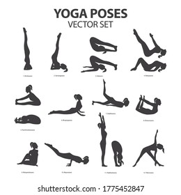 Female Yoga Icon Silhouette Set. Vector Illustration of Cartoon Woman in Various Poses of Yoga, Collection. Isolated on White Background