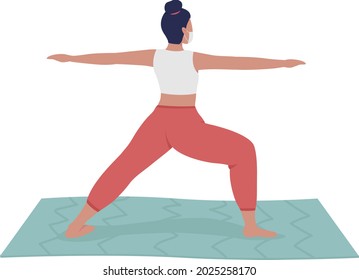 Carácter vector de color semiplano de instructor de yoga femenino. Persona de cuerpo entero sobre blanco. Profesora que muestra el cuerpo correcto posar aislado estilo de caricatura moderno ilustración para diseño gráfico y animación