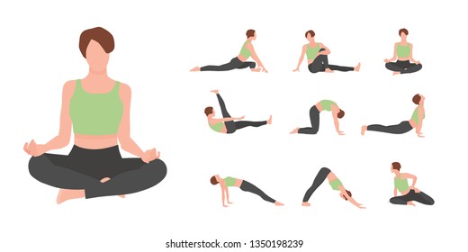 Female yoga master vector characters set. Woman, girl practicing different asana poses. Meditation, relaxation. Healthy living. Sports club, fitness exercises banner, poster, booklet design element