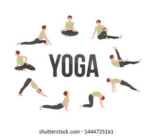 Female yoga master vector characters set. Woman, girl practicing different asana poses. Meditation, relaxation. Healthy living. Sports club, fitness exercises banner, poster, booklet design element