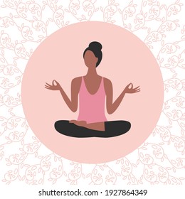 Female in Yoga Pose Simple vector icon. Soft pastel color floral pattern background. Hand drawn person training yoga exercise to improve body health cartoon illustration. Fitness class design element