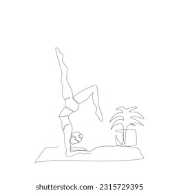 Female yoga poses for flexibility in one continue line art drawing for yoga day, fitness, sport, workout, health. Woman Isolated image hand draw contour. Line art of girl doing Yoga in shoulder stand.