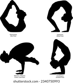 Siluetas De Yoga Femenino, Ilustración Vectorial, Juego de poses de yoga. Bow, Wheel, Scorpion, pose Crane.