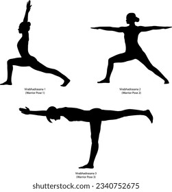 Female Yoga Poses Silhouettes, Vector Illustration, Yoga poses Set. Warrior pose 1, 2, 3.