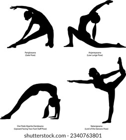 Siluetas De Yoga Femenino, Ilustración Vectorial, Juego de poses de yoga. Puerta , Bajo Almuerzo, Señor de los Bailarines, Arriba frente a la pose de dos pies de personal.