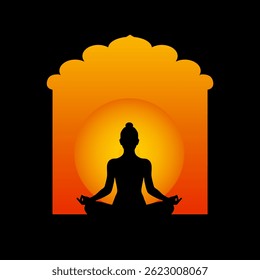 female yoga silhouette sitting in front of a indian temple window, sunset background