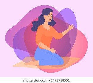 Female yoga teacher sitting on mat ready for class. Woman practicing yoga flat vector illustration. Yoga practice, meditation concept for banner or landing page