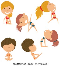 Female yoga vector collection. Pretty girls doing fitness exercises. Gymnastics for kids. Beauty women in various workout poses.  Sport healthy lifestyle.