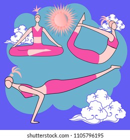 Female yoga. Vector illustration of beautiful cartoon woman in various poses of yoga.