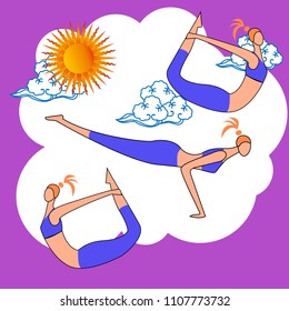 Female yoga. Vector illustration of beautiful cartoon woman in various poses of yoga.