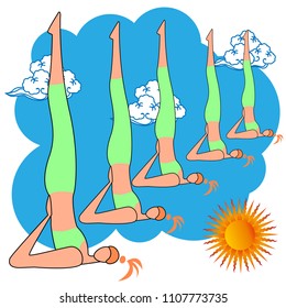 Female yoga. Vector illustration of beautiful cartoon woman in various poses of yoga.