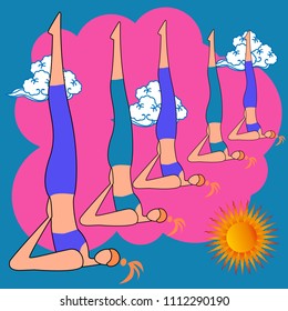 Female yoga. Vector illustration of beautiful cartoon woman in poses of yoga