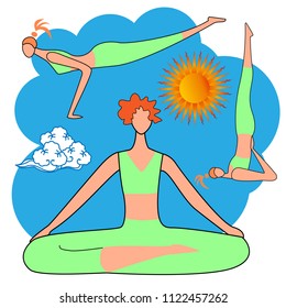 Female yoga. Vector illustration of beautiful cartoon woman in various poses of yoga.