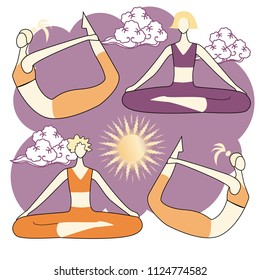 Female yoga. Vector illustration of beautiful cartoon woman in various poses of yoga.