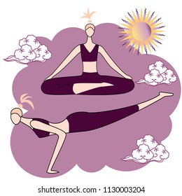 Female yoga. Vector illustration of beautiful cartoon woman in various poses of yoga.