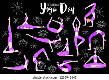 Female yoga. Vector illustration of beautiful cartoon woman in various poses of yoga.