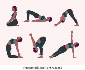 Female yoga. Vector illustration of beautiful cartoon woman in various poses of yoga.