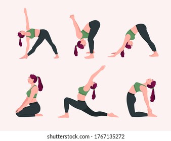 Female yoga. Vector illustration of beautiful cartoon woman in various poses of yoga.
