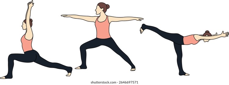 Feminino Yoga Guerreiro e Equilíbrio Posas Coleção. Mulher Praticando Almoço Alto, Guerreiro II, e Guerreiro III Yoga Asanas. Ideal para aula de ioga, tutoriais, fitness, meditação e projetos de bem-estar