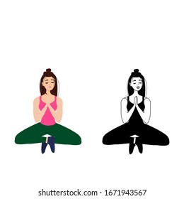 Female yoga. Young girl meditates, relaxes in a lotus position isolated on white background. The practice of yoga, asanas. A woman goes in for sports. Happy man. Stock vector illustration for design.