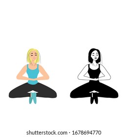 Female yoga. Young girl meditating in lotus position isolated on white background. The practice of yoga, asanas. A woman goes in for sports. Happy man on the positive. Stock vector illustration