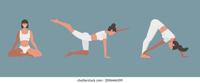 Female yoga. Young slim girls doing yoga. Physical exercises outdoors and indoors. Set of women doing sports. Variety of yoga positions. 