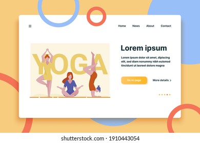 Female yogi group. Women in fitness apparel practicing yoga, flat vector illustration. Meditation, activity, body training concept for banner, website design or landing web page