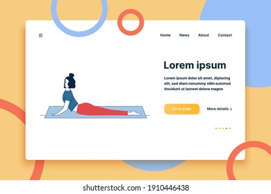 Female yogi stretching body. Young woman doing yoga on mat flat vector illustration. Body training, practice, lifestyle concept for banner, website design or landing web page