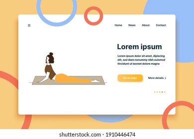 Female yogi stretching body. Young woman doing yoga on mat flat vector illustration. Body training, practice, lifestyle concept for banner, website design or landing web page
