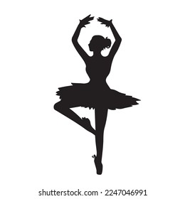 Female young adult ballerina ballet dancer pose with black color isolated on plain white background. Simple flat drawing decoration for sport or performing arts themed artwork.