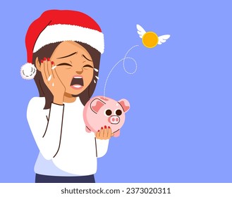 Female Young adult person crying being broke for Christmas holiday spending. Sad woman having no savings holding piggybank with flying coin being poor concept after buying all xmas presents