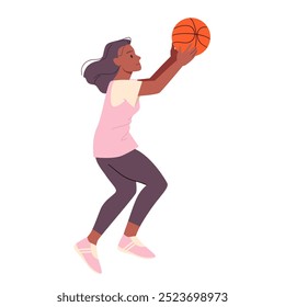 Female young athlete holding ball in hand to jump, run to basket, child playing in school team cartoon. Basketball player girl running and jumping, dribble ball down court