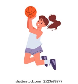 Female young athlete holding ball in hand to jump, run to basket, child playing in school team cartoon vector illustration. Basketball player girl running and jumping, dribble ball down court