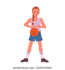 Female young athlete holding ball in hand to jump, run to basket, child playing in school team cartoon vector illustration. Basketball player girl running and jumping, dribble ball down court