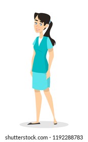 Female young brunette nurse in uniform standing. Pretty medical or hospital worker smiling. Isolated vector illustration in cartoon style.