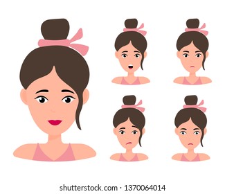 Female young character face set with different emotion. Brunette girl with happy, angry, unhappy, laughing, scared, wow, fun emotions. Vector Illustration