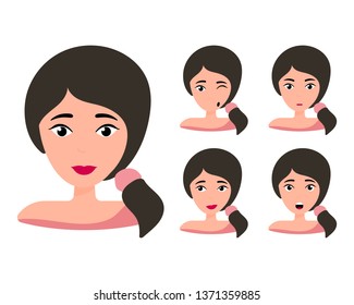 Female young character face set with different emotion. Brunette girl with happy, angry, unhappy, laughing, scared, wow, fun emotions. Vector Illustration