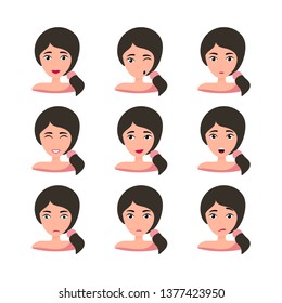 Female young character face set with different emotion. Brunette girl with happy, angry, unhappy, laughing, scared, wow, fun emotions. Vector Illustration
