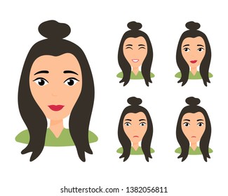 Female young character face set with different emotion. Brunette girl with happy, angry, unhappy, laughing, scared, wow, fun emotions. Vector Illustration