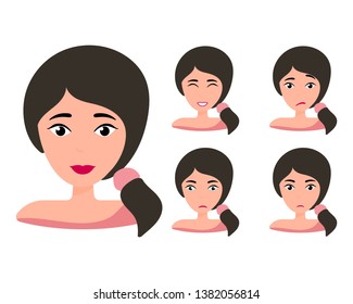 Female young character face set with different emotion. Brunette girl with happy, angry, unhappy, laughing, scared, wow, fun emotions. Vector Illustration