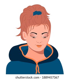 Female young character looking down and smiling at something or someone. Cute girl with hair tied up in a bun on the top of her head and wearing a sport jacket with a hood.Emoticon vector illustration