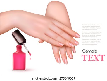 Female young hands with a pink nail polish bottle. Vector.