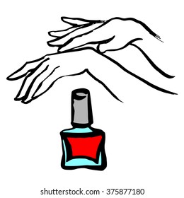 Female young hands with a pink nail polish bottle. Vector.