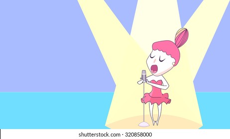 A female young lady woman with red hair bun in short strapless formal prom dress gown singing music song on the stage. Spotlight and microphone objects. Funny out of tune during live performance show.