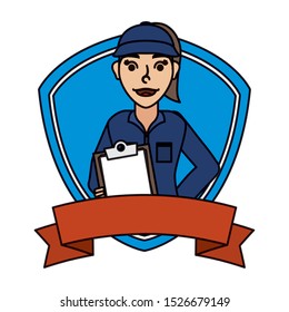 female young mechanic worker with checklist in shield frame vector illustration design